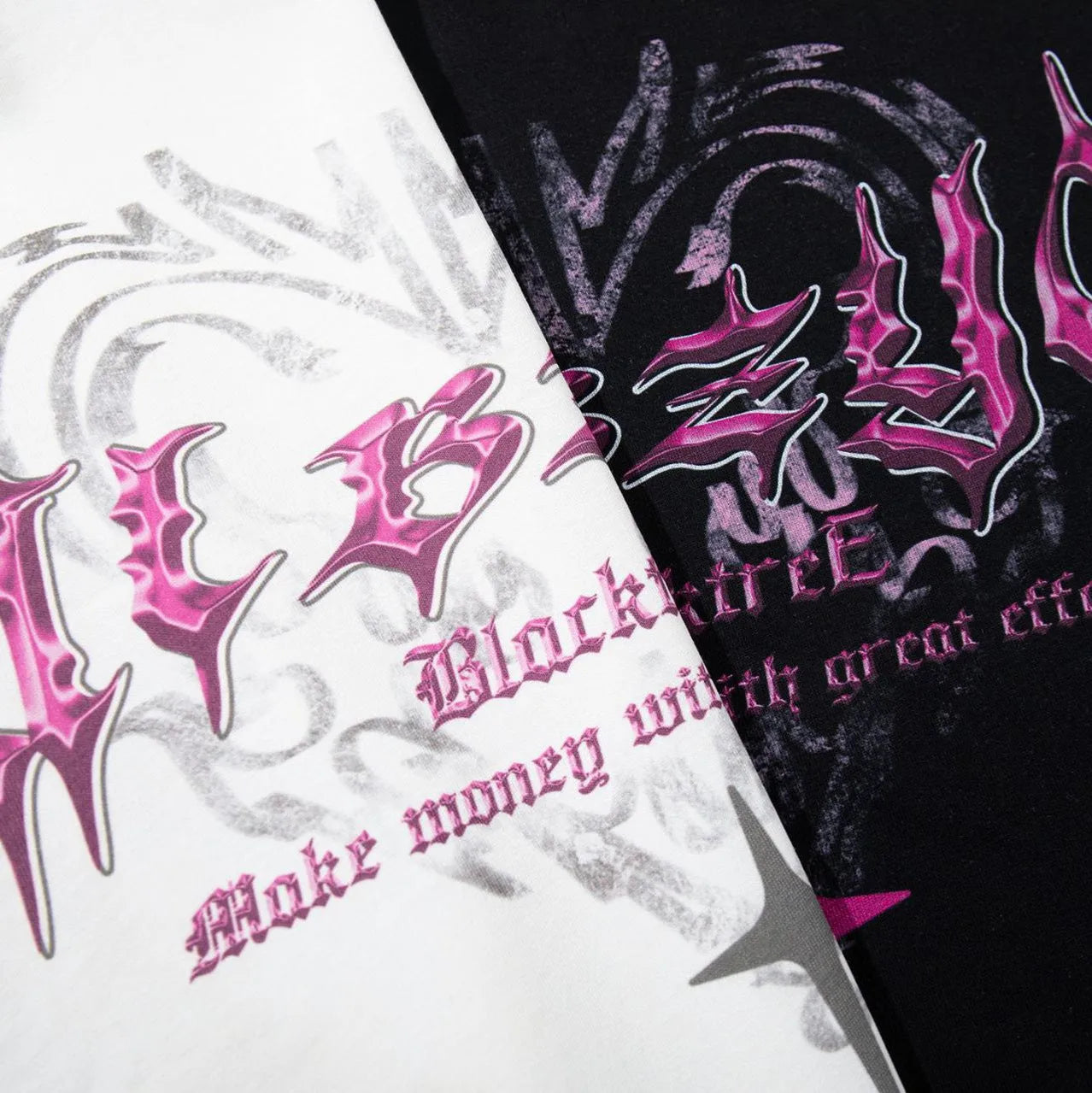 Man wearing a black retro graphic print cotton t-shirt with a loose fit and short sleeves.