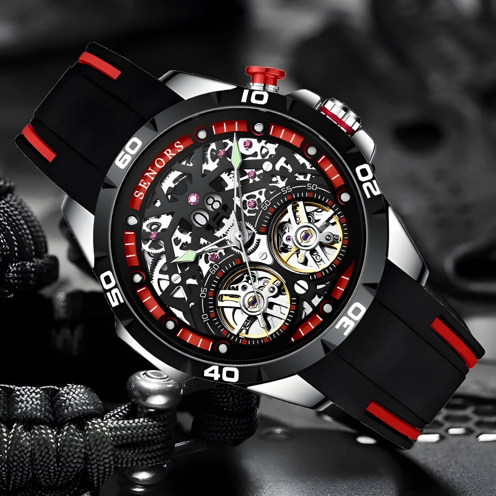 Red and blue automatic mechanical luminous hollow men's watch with 14mm thickness and business style design