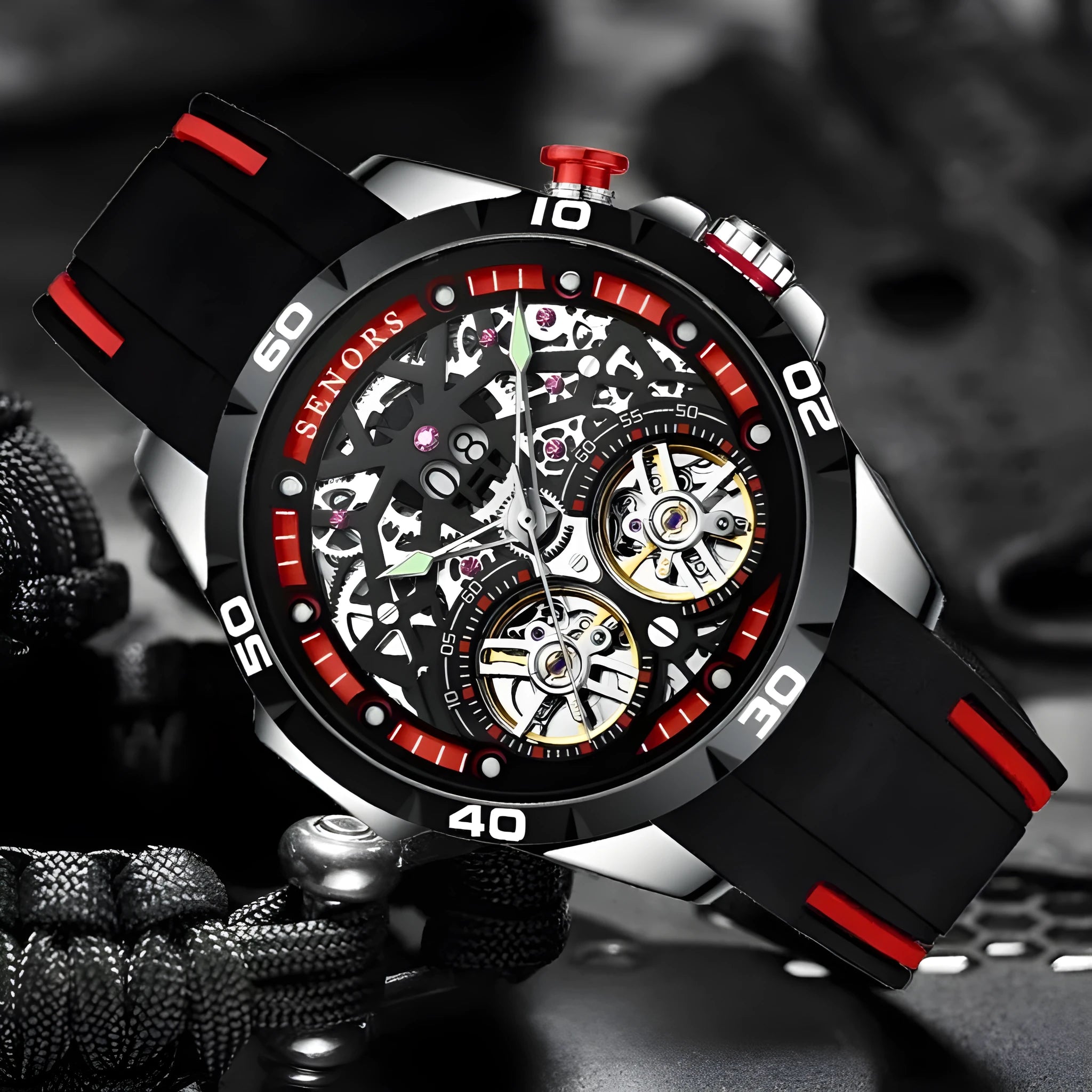 Red and blue automatic mechanical luminous hollow men's watch with 14mm thickness and business style design