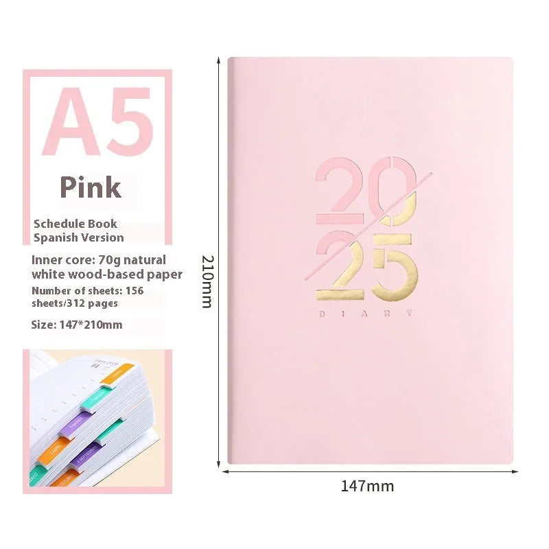 2025 A5 daily plan schedule book with soft faux leather cover in blue, pink, yellow, purple and green