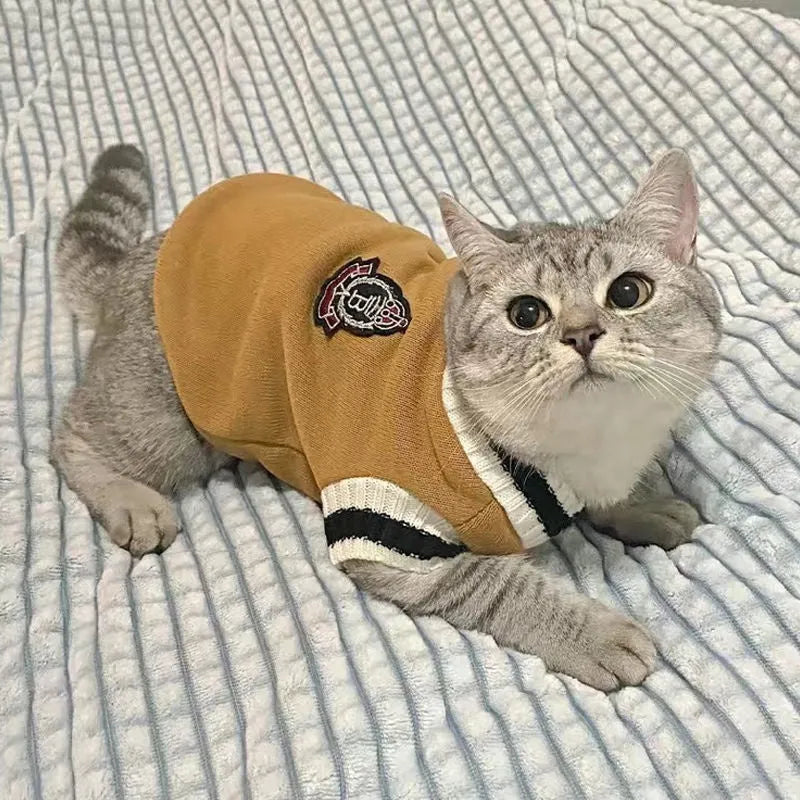 Pet cat winter coat with college-style layer, size M, khaki colour, for British Shorthair breed