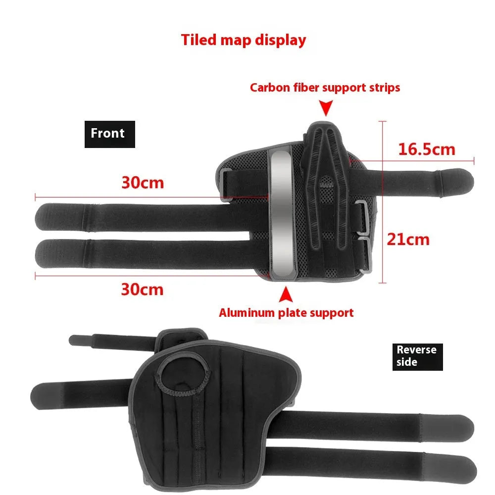 Carbon fibre sports wrist guard with thumb strap, shown in black with grey edging detail.