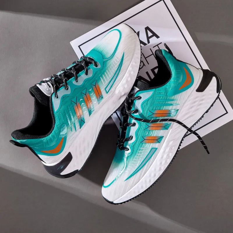 Fly-woven mesh thick-soled sports sneakers in blue and green – breathable lace-up men's walking running shoes