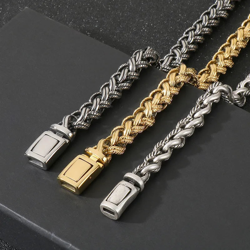Men's titanium steel keel chain necklace with twist design and large links in antique silver finish.