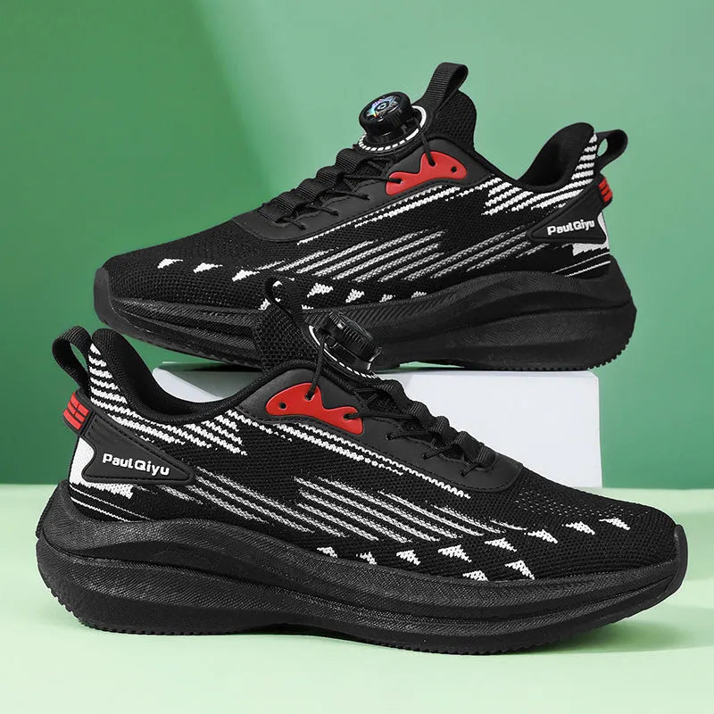 Men's white green rotating buckle sports shoes with Fly-kit mesh upper and TPU popcorn sole in low-top design