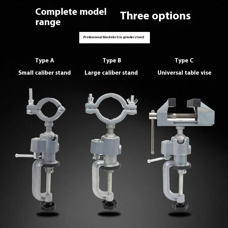 Clamp-on bench vise with 360-degree rotating head and tungsten steel pliers on a workbench.