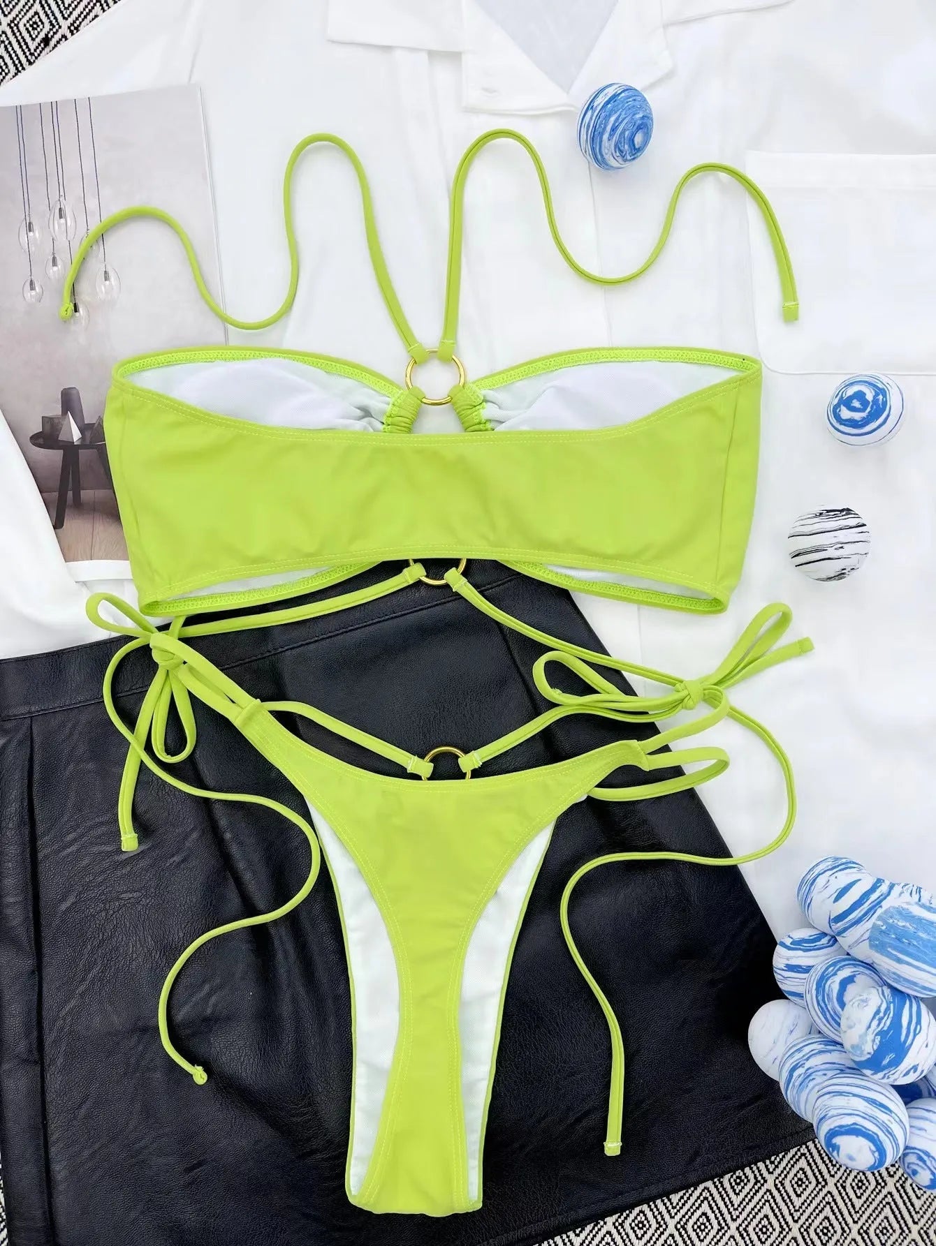 Women's yellow green nylon lace-up triangle bikini swimsuit with adjustable front ties