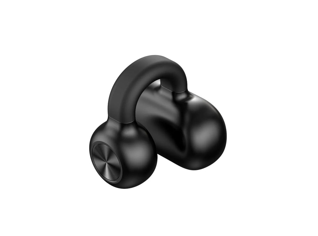 Black wireless Bluetooth headset with clip-on design for bone conduction audio during exercise