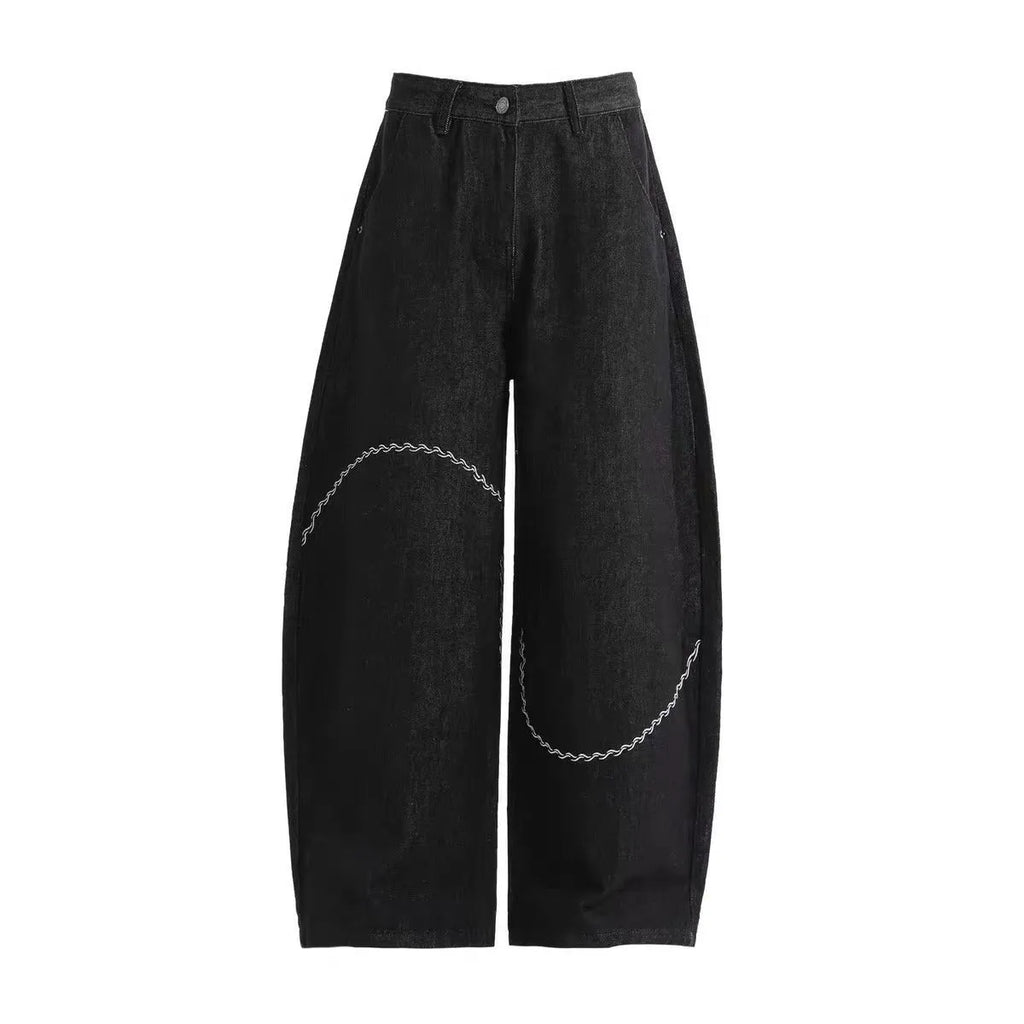 Black straight-leg denim trousers with mid waist and micro-elastic fabric