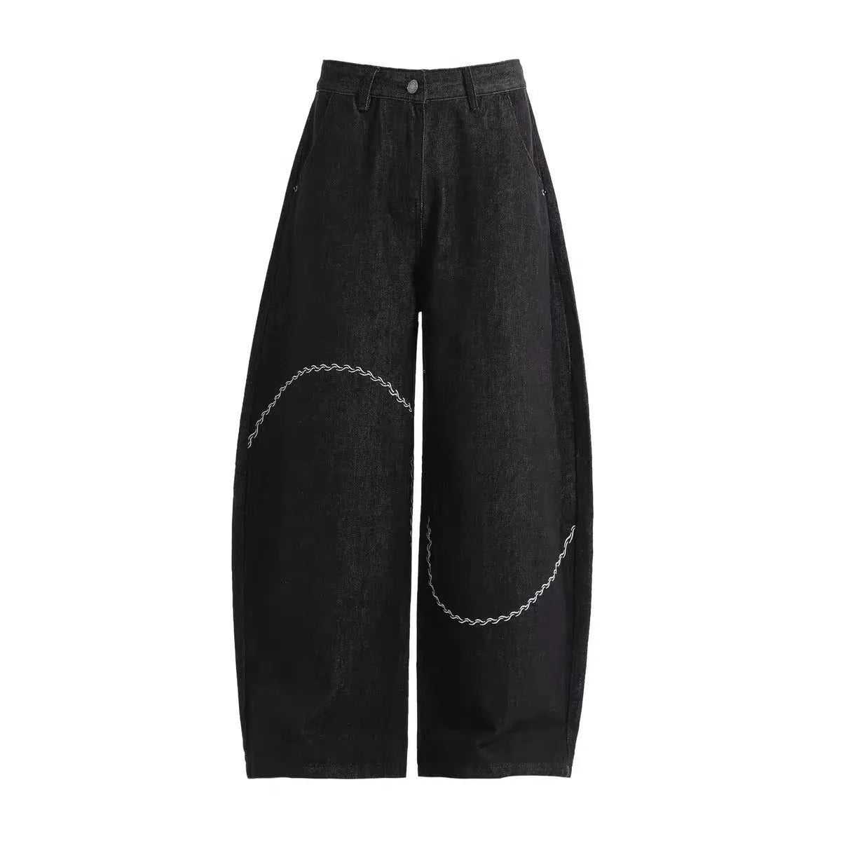 Black straight-leg denim trousers with mid waist and micro-elastic fabric