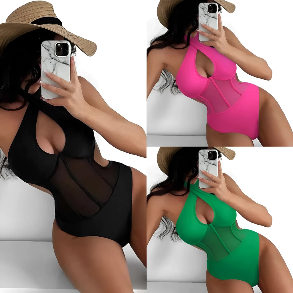 Women's black spun yarn one-piece swimsuit bikini on a hanger