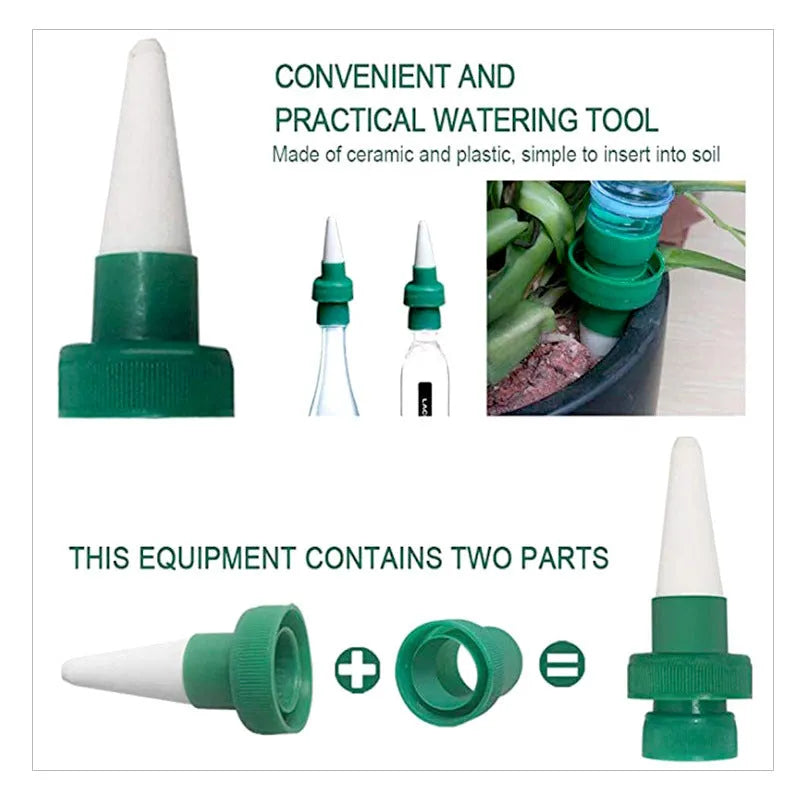 Green ceramic plant dripper irrigation device for use with cola bottles