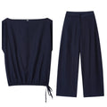 Women's linen style shirt with flounced sleeves and matching wide-leg trousers co-ordinated set