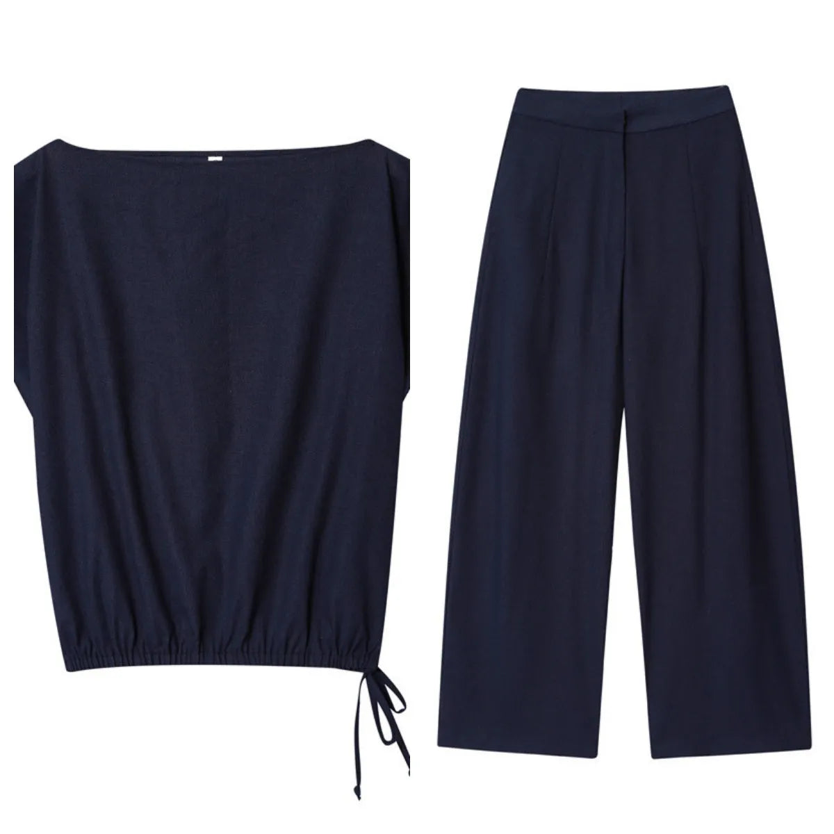 Women's linen style shirt with flounced sleeves and matching wide-leg trousers co-ordinated set