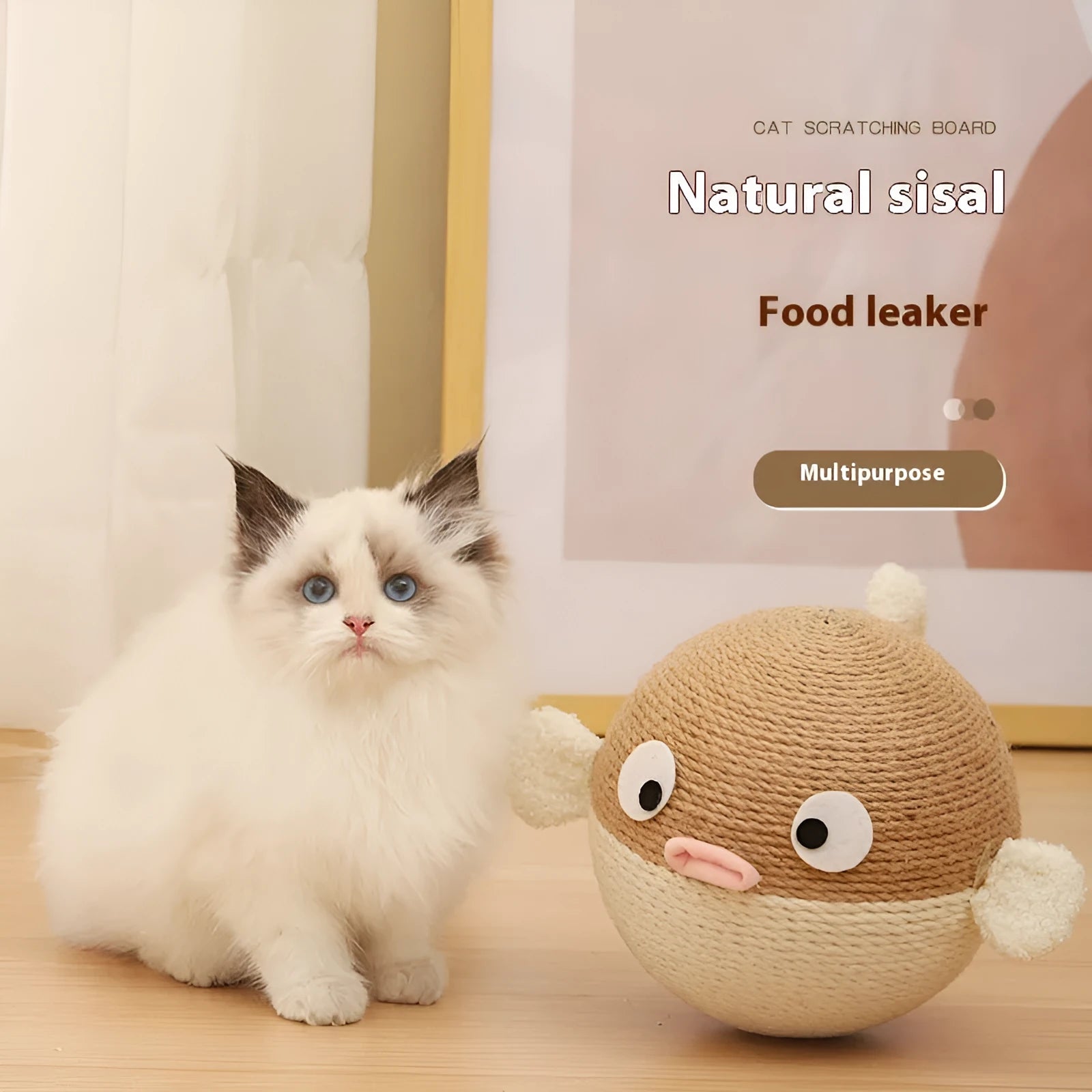 A 15cm cube-shaped pet toy made from natural sisal hemp strips with a puffer leakage food feeder design.