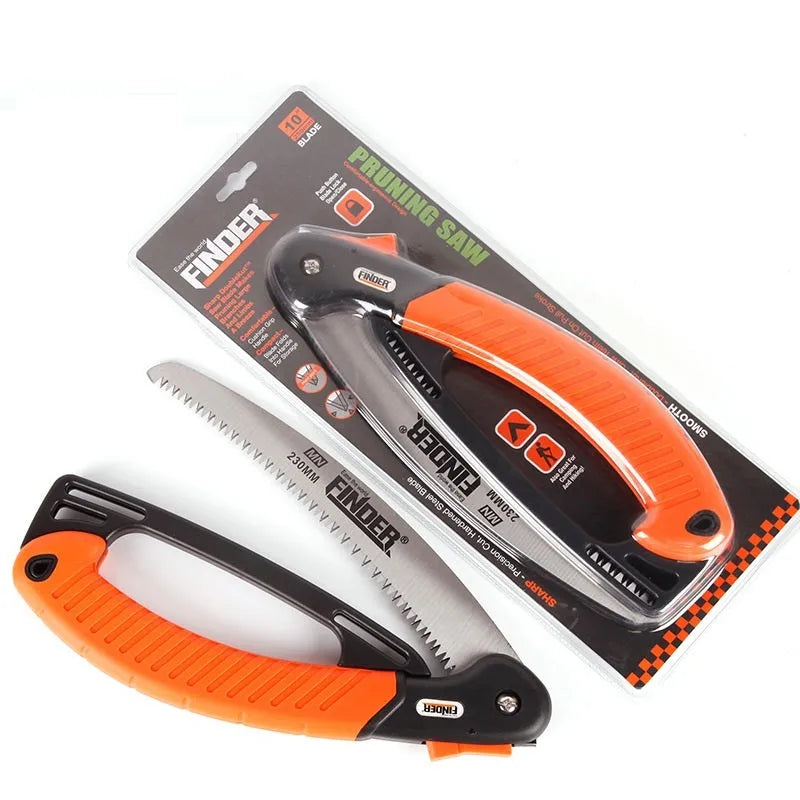 Folding garden hand saw with a 9-inch metal blade and black TPR grip handle, shown both open and closed.