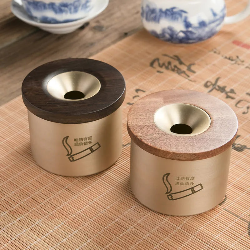 Solid brass copper ashtray with a wooden lid in retro style for home use