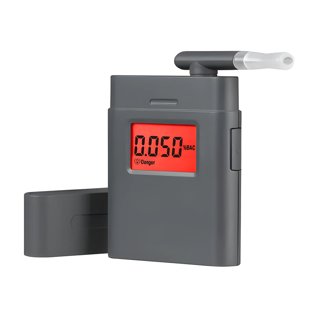At-838 black portable respiratory alcohol detector showing BAC display, powered by AAA batteries