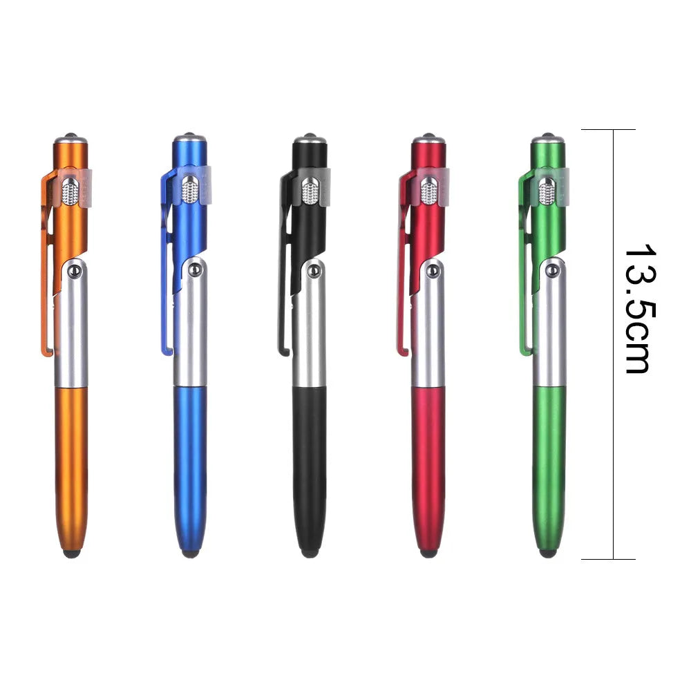 4-in-1 folding light pen mobile phone holder in black plastic, with pen tip and LED light visible