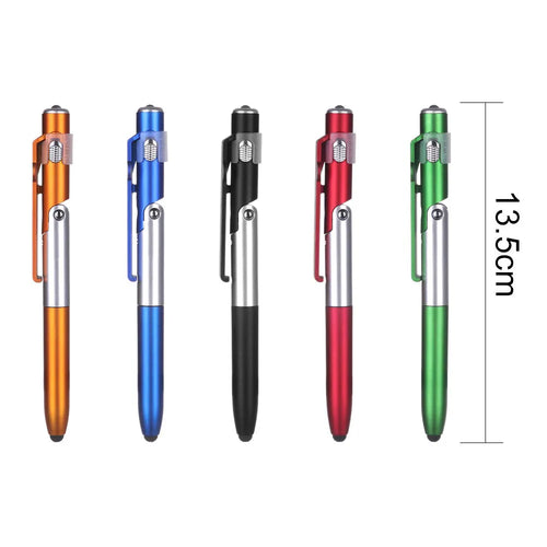 4-in-1 folding light pen mobile phone holder in black plastic, with pen tip and LED light visible