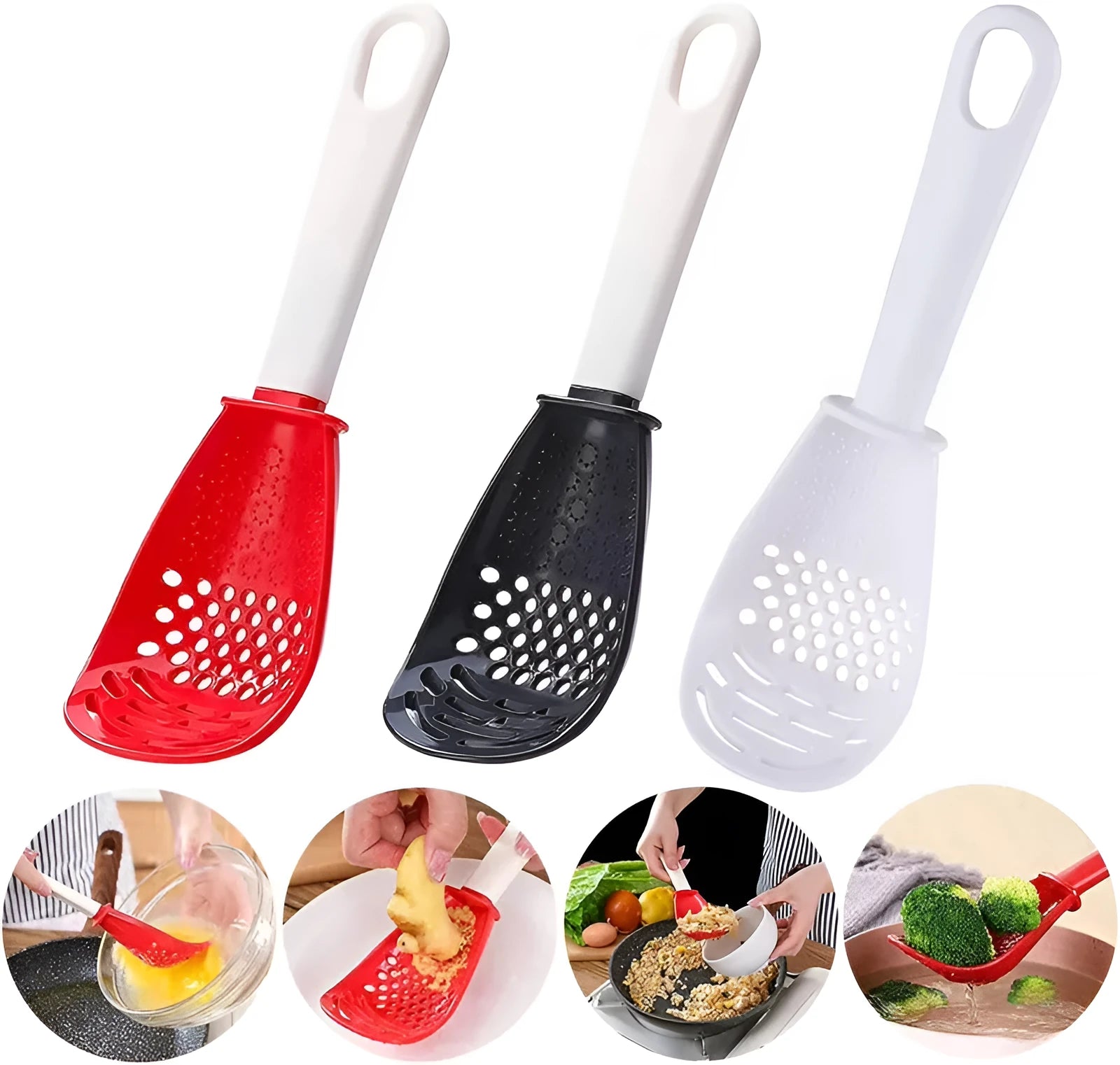 Multifunctional slotted cooking spoon in red plastic with serrated edge and half-enclosed head for scooping rice