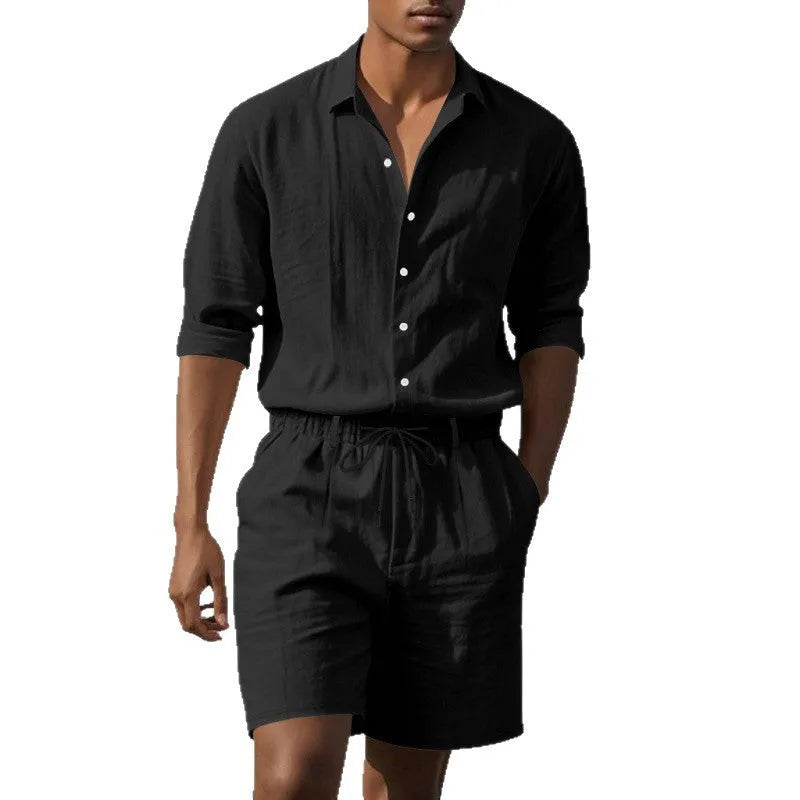 Men's linen long sleeve shirt and shorts beach suit set in light blue colour