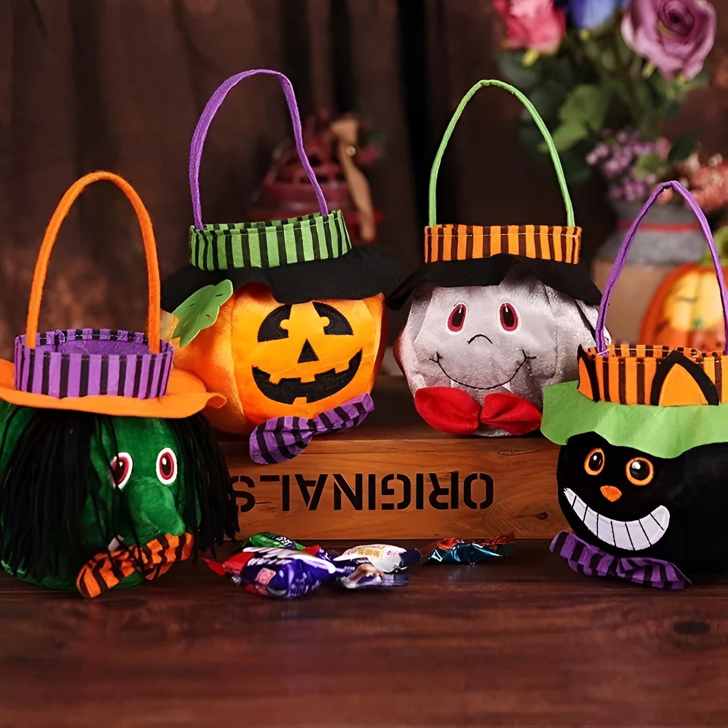 Halloween candy bag in pumpkin design, 16cm velvet non-woven portable handbag for kids trick or treat