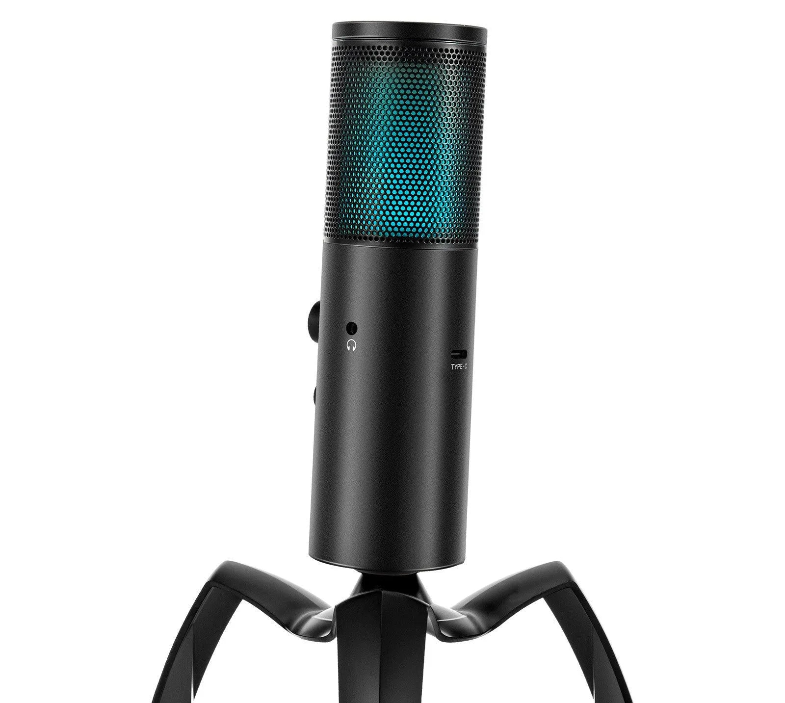 Black metal USB condenser microphone with RGB lighting on adjustable tripod stand