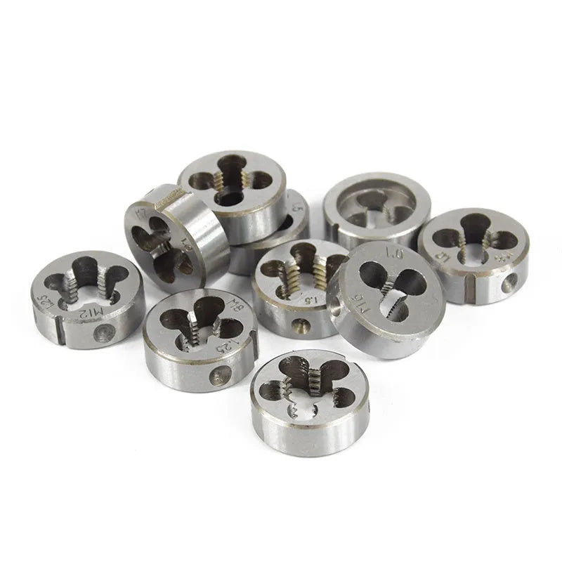 Hand tap wrench and die set with metric alloy steel dies in blister packaging