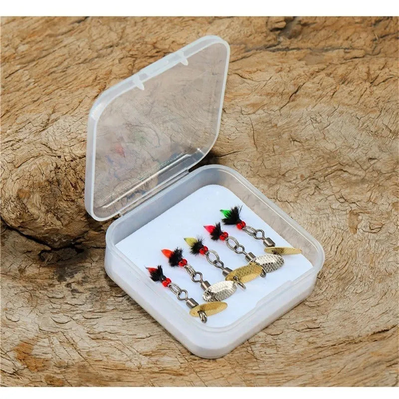 Five bionic fishing hooks with spinning sequins in multicolour mosquito and fly patterns