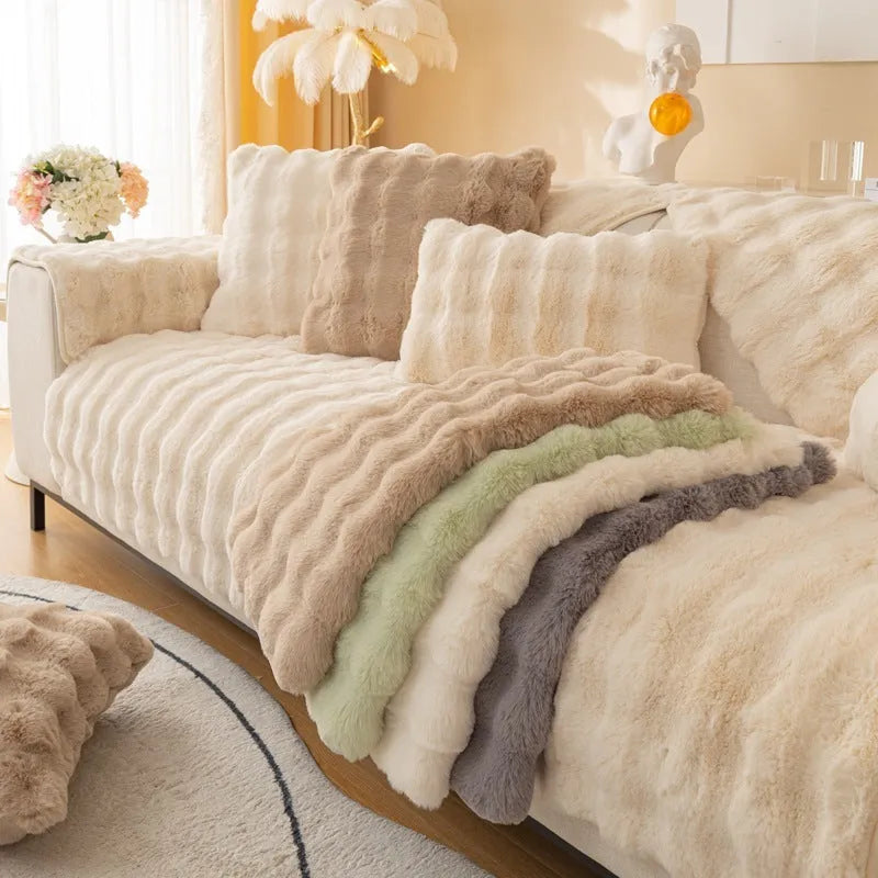 Winter thickened bubble rabbit hair sofa cushion in solid colour on a combination sofa