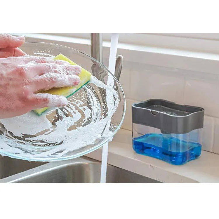 Compact plastic kitchen soap dispenser in silver, 14.5 cm tall, on a countertop