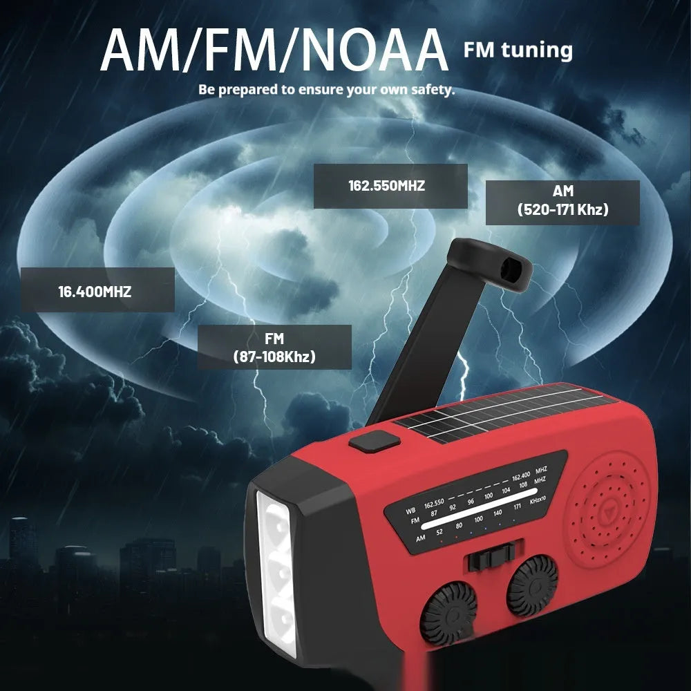 Red rechargeable hand radio emergency torch with ABS body, USB port, and wrist strap on plain background