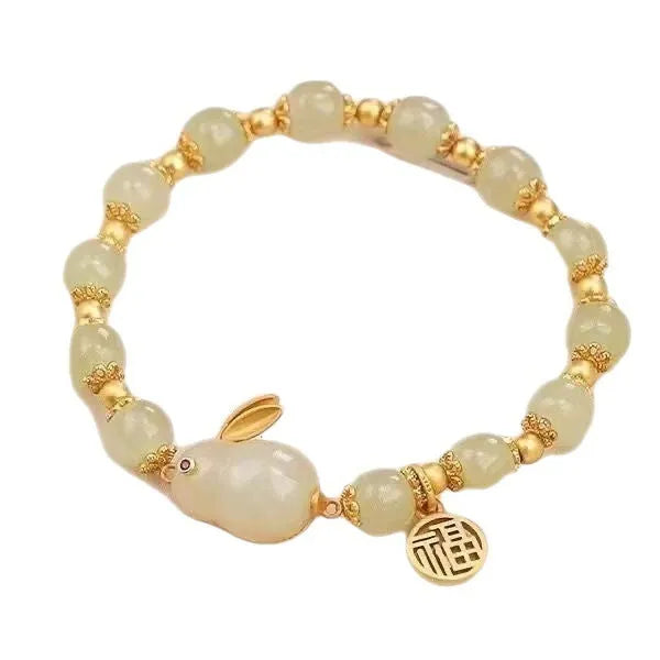 Women's black leather bracelet with green jade hare charm and fu character pendant