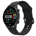 Black Bluetooth smartwatch with 1.43-inch AMOLED display showing heart rate and sports mode interfaces