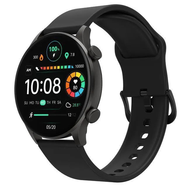 Black Bluetooth smartwatch with 1.43-inch AMOLED display showing heart rate and sports mode interfaces