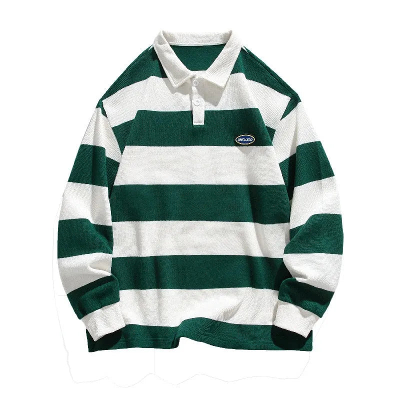 Hong Kong style pearl cotton polo shirt with striped sweater lapel in autumn colours