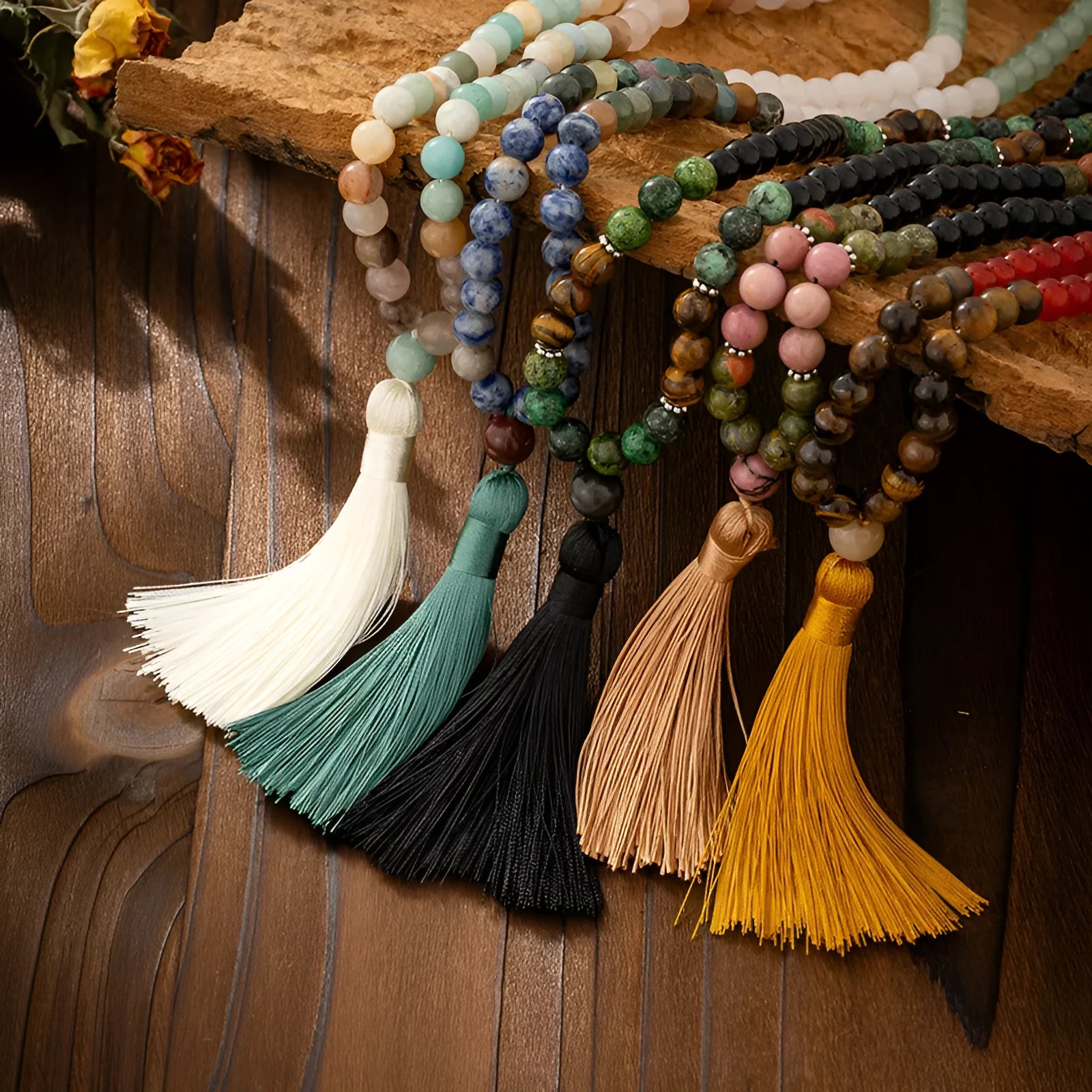 Natural stone beaded chain necklace with vintage tassel pendant and coordinating bracelet in bohemian retro style