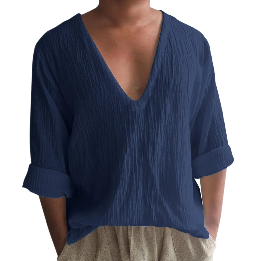 Men's solid colour V-neck long sleeve t-shirt in washed cotton and linen fabric.