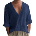 Men's solid colour V-neck long sleeve t-shirt in washed cotton and linen fabric.
