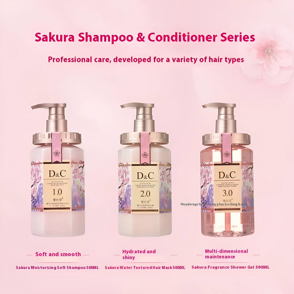 Sakura Cherry Blossom Shampoo, Conditioner and Shower Gel 500ml bottle set