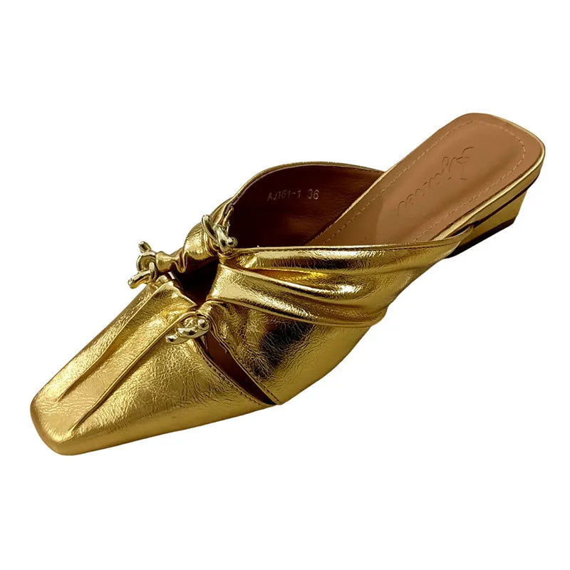 Genuine leather women's half toe cap slippers in gold with low TPR sole and square toe shape