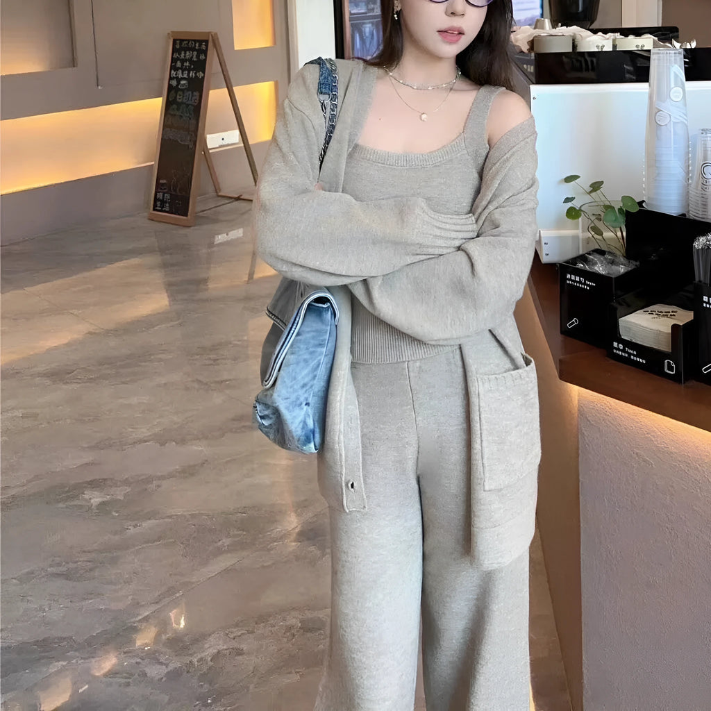 Women's three-piece knit set with cardigan and casual pants in light brown colour