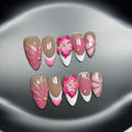 French style Lily Fluid Ice Flower design 3D artificial press-on nails in almond shape, showing colour mix and size scale.