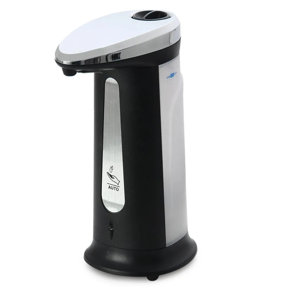 Automatic touchless soap dispenser with black plastic body and sensor nozzle on a countertop