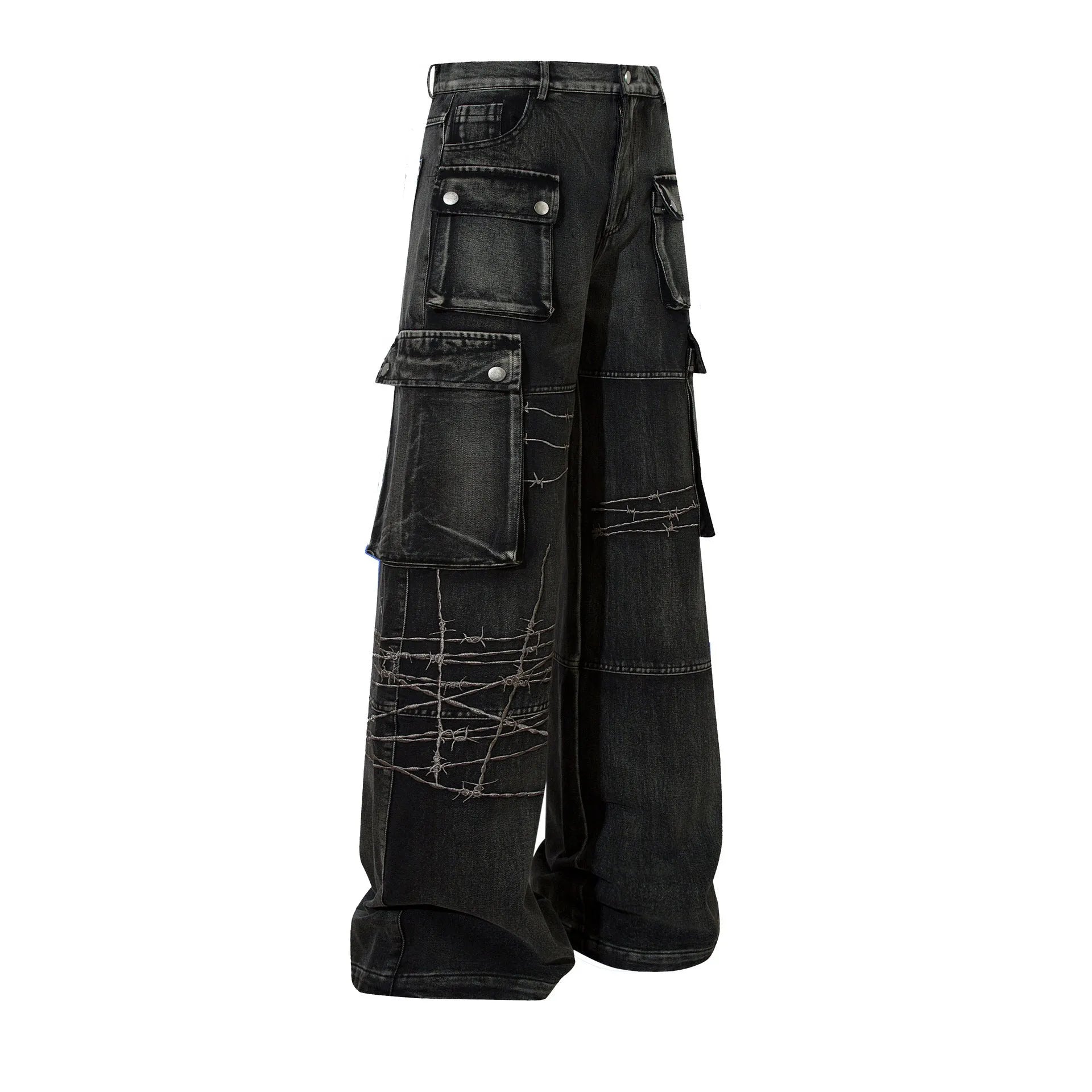 Men's black cotton loose-fitting wide-leg trousers with embroidery, front view, size M-XXL
