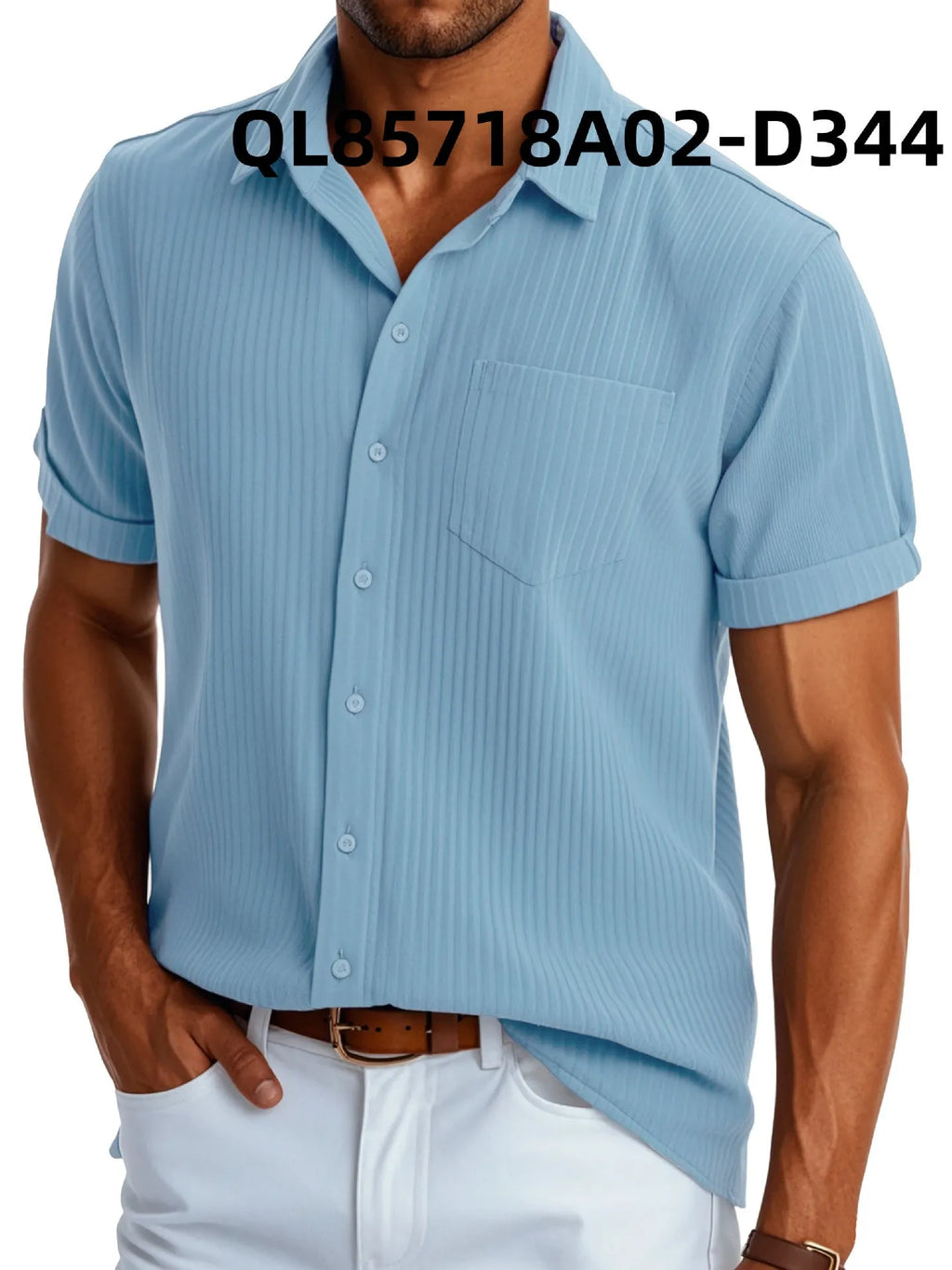 Men's loose short sleeve lapel shirt with printed pattern in black and white lines, front view