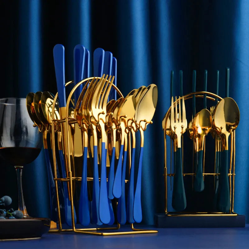 24 piece gold stainless steel cutlery set with knives forks spoons tea spoons and storage rack