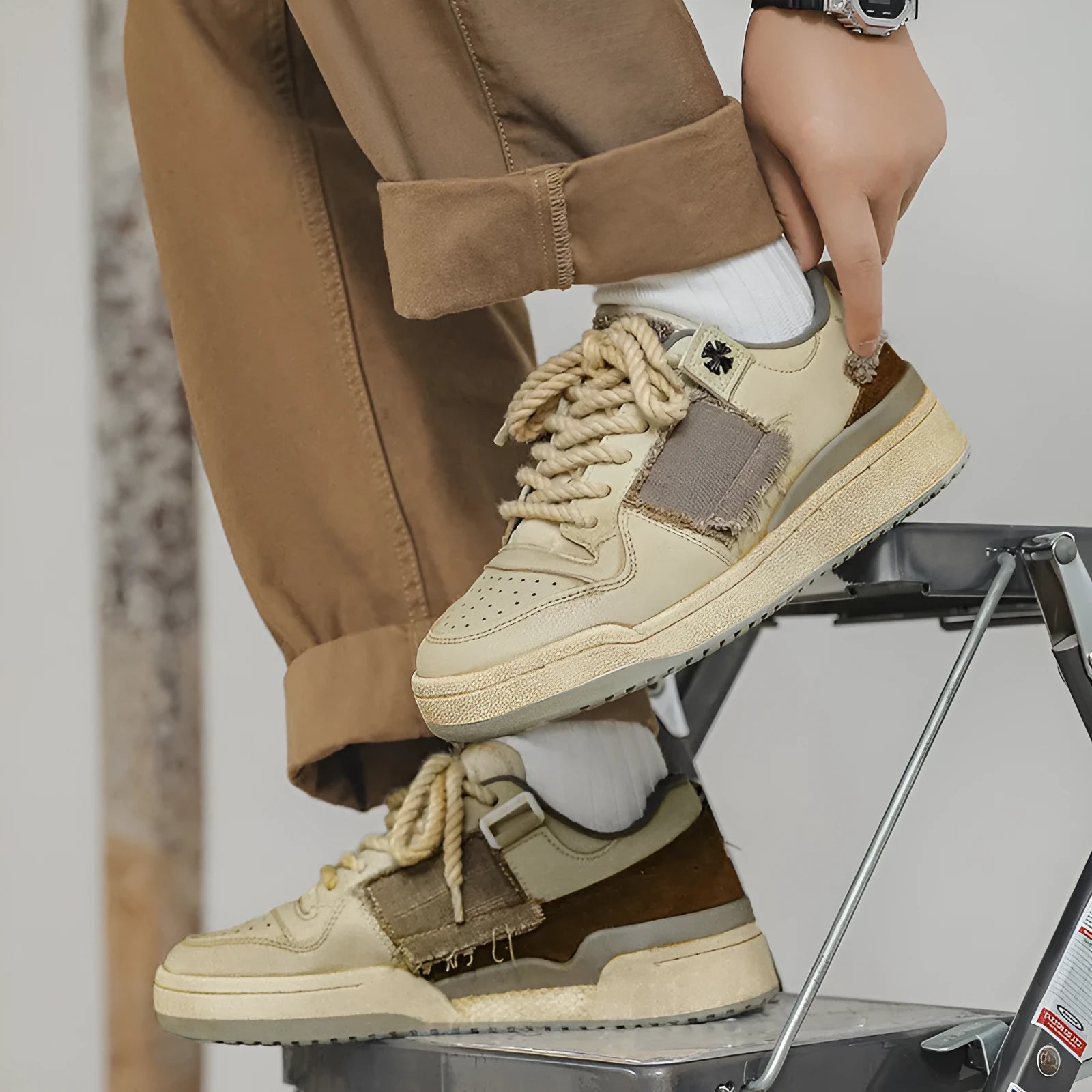 Beige low top skateboard shoes with rubber sole and front lace-up design