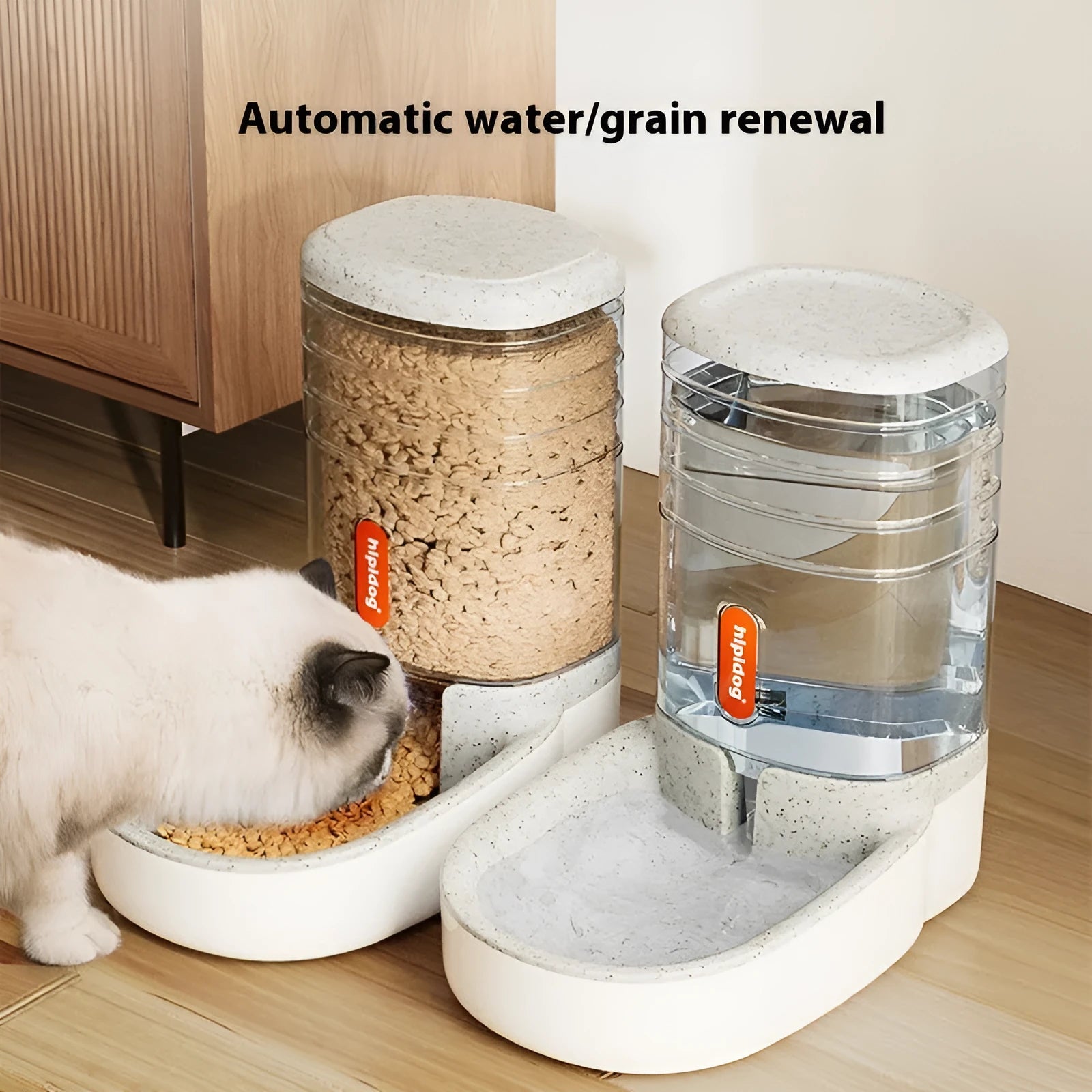 Blue automatic pet water fountain with 3.8-litre capacity for dogs and cats on a kitchen floor.